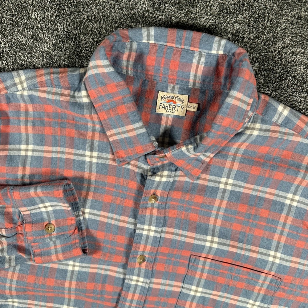 Faherty Shirt Mens XXL Blue Coral Plaid Button Down Everyday Flannel Stretch